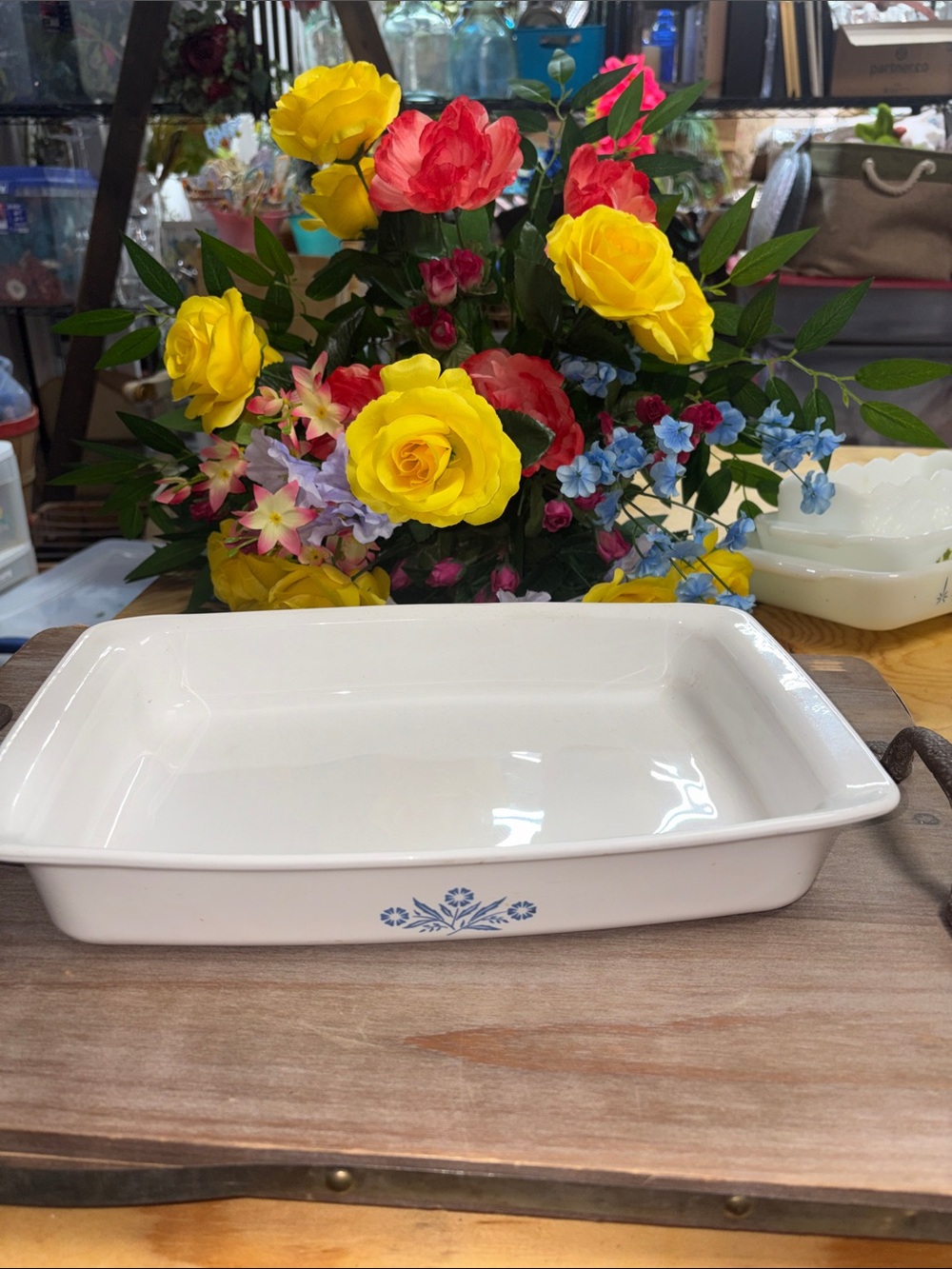Corningware White Baking Casserole with Blue Floral Motif